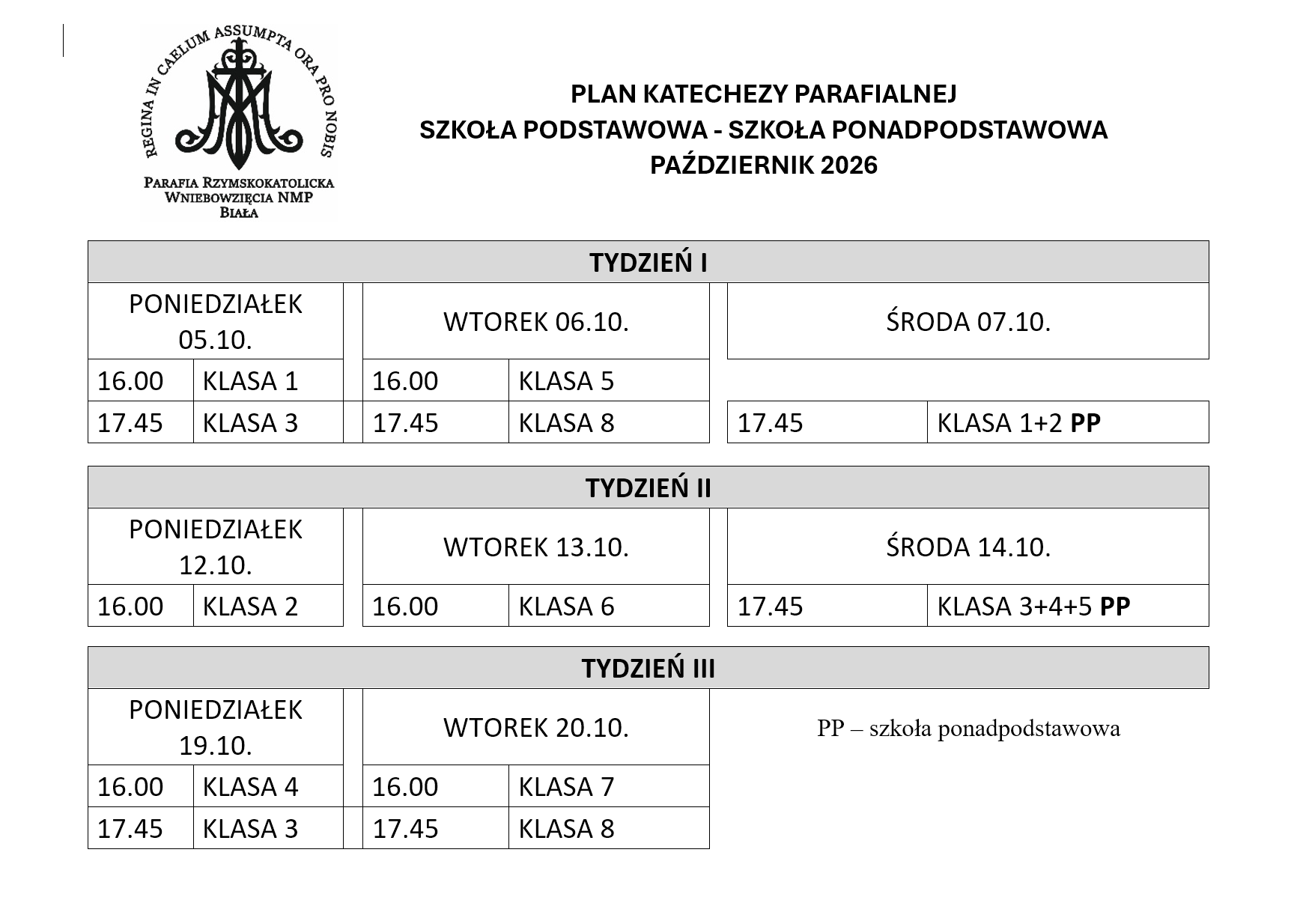 Plan Katechezy Parafialnej  - X 2026